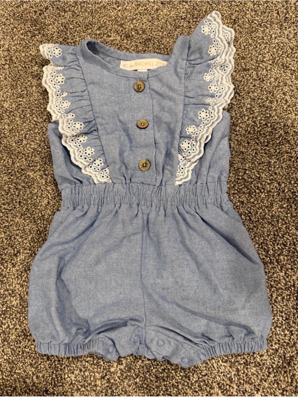 Rachel Zoe Chambray Romper with Eyelet Ruffles - Light Blue